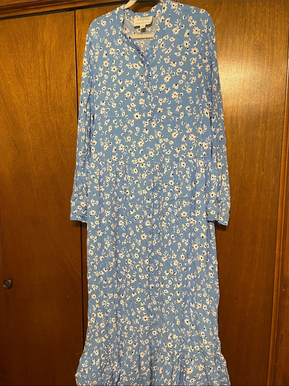 Mare Mare by Anthropologie 3x Sky Blue Floral Tiered Long Sleeve Maxi Dress